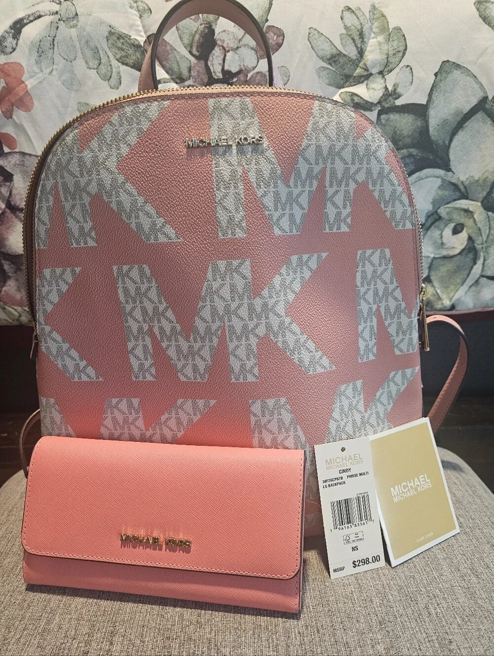 Michael Kors Coral Pink MK Logo Backpack with Matching Wallet